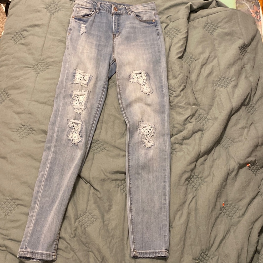 Vanilla Star skinny jeans, lace design distressing, perfect condition.